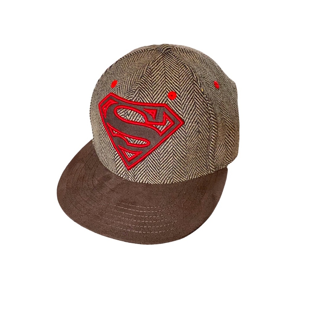 SUPERMAN New Tweed Brown Hat Cap DC Comics WB Adjustable Wool Blend Red SnapBack